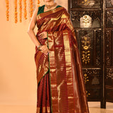 Maroon Kanjivaram Silk Saree With Wide Gold Zari Temple Border