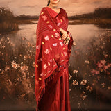 Crimson Red With Striped And Floral Embroidery Border Designer Saree
