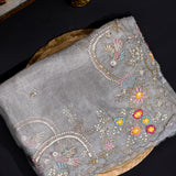 Grey Organza Saree With Hand Embroidered Bird And Floral Border