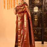 Maroon Kanjivaram Silk Saree With Wide Gold Zari Temple Border