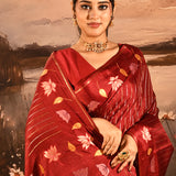 Crimson Red With Striped And Floral Embroidery Border Designer Saree