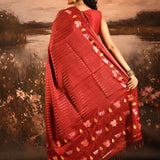 Crimson Red With Striped And Floral Embroidery Border Designer Saree