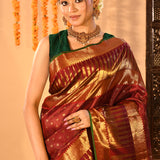 Maroon Kanjivaram Silk Saree With Wide Gold Zari Temple Border