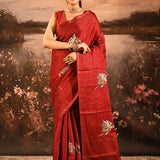 Deep Maroon-Red Checkered With Scattered Parrot Motif Designer Saree