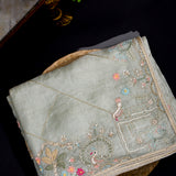 Sage Green Organza Saree With Hand Embroidered Swan And Floral Border