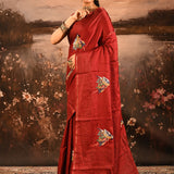 Deep Maroon-Red Checkered With Scattered Parrot Motif Designer Saree