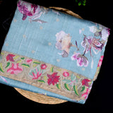 Powder Blue Fusion Saree With Digital Floral Print & Embroidered Border