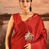Deep Maroon-Red Checkered With Scattered Parrot Motif Designer Saree