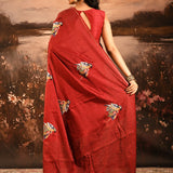 Deep Maroon-Red Checkered With Scattered Parrot Motif Designer Saree