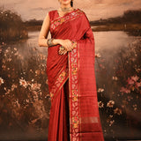 Deep Red Dotted Weave With Floral Leaf Border Designer Saree