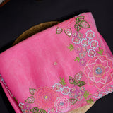 Pink Organza Saree With Scalloped Multicolour Floral Embroidered Border