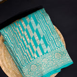 Turquoise Green Banarasi Silk Saree With Diamond Stripe Weave & Floral Border