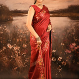 Deep Red Dotted Weave With Floral Leaf Border Designer Saree