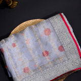 Grey Organza Saree With Gold Striped Weave & Hand Embroidered Sequin Border