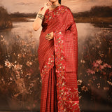 Dark Burnt Orange With Checks And Floral, Birds Motif Border Designer Saree