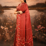 Dark Burnt Orange With Checks And Floral, Birds Motif Border Designer Saree