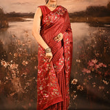 Dark Burnt Orange With Checks And Floral, Birds Motif Border Designer Saree
