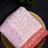 White Banarasi Silk Saree With Gold Floral Weave & Red Contrast Border