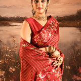 Dark Burnt Orange With Checks And Floral, Birds Motif Border Designer Saree