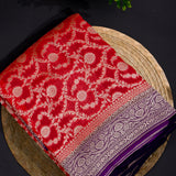 Red Banarasi Silk Saree With Gold Floral Weave & Purple Contrast Pallu