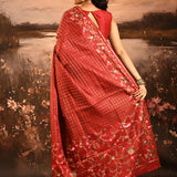 Dark Burnt Orange With Checks And Floral, Birds Motif Border Designer Saree