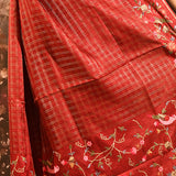 Dark Burnt Orange With Checks And Floral, Birds Motif Border Designer Saree