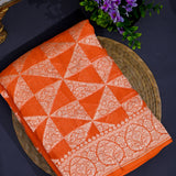 Orange Banarasi Silk Saree With All-Over Gold Zari Geometric Floral Weave