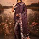 Royal Purple With Striped Multi Colored Floral Birds Motif Designer Saree