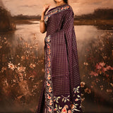 Royal Purple With Striped Multi Colored Floral Birds Motif Designer Saree