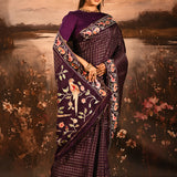 Royal Purple With Striped Multi Colored Floral Birds Motif Designer Saree