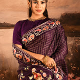 Royal Purple With Striped Multi Colored Floral Birds Motif Designer Saree