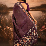 Royal Purple With Striped Multi Colored Floral Birds Motif Designer Saree