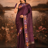 Deep Wine Purple Dotted Weave With Floral Leaf Border Designer Saree