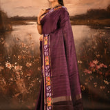 Deep Wine Purple Dotted Weave With Floral Leaf Border Designer Saree