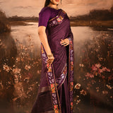 Deep Wine Purple Dotted Weave With Floral Leaf Border Designer Saree
