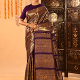 Royal Purple Kanchipuram Silk Saree With Diagonal Zari Weave And Elephant Border