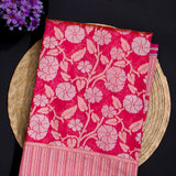Rani Pink Kanjivaram Silk Saree With Silver Zari Floral Vine And Striped Border