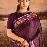 Deep Wine Purple Dotted Weave With Floral Leaf Border Designer Saree