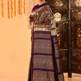 Royal Purple Kanchipuram Silk Saree With Diagonal Zari Weave And Elephant Border