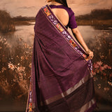 Deep Wine Purple Dotted Weave With Floral Leaf Border Designer Saree