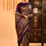 Royal Purple Kanchipuram Silk Saree With Diagonal Zari Weave And Elephant Border