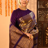 Royal Purple Kanchipuram Silk Saree With Diagonal Zari Weave And Elephant Border