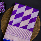 Violet Kanjivaram Silk Saree With Diagonal Silver Zari Chevron Weave