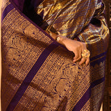 Royal Purple Kanchipuram Silk Saree With Diagonal Zari Weave And Elephant Border