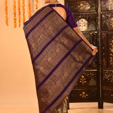 Royal Purple Kanchipuram Silk Saree With Diagonal Zari Weave And Elephant Border