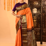 Apricot Orange Kanjivaram Silk Saree With Purple Contrast Zari Border