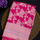 Bright Pink Kanjivaram Silk Saree With Antique Zari Floral Motif And Diamond Lattice Pallu