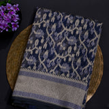 Navy Blue Banarasi Saree With Ikat-Style Geometric Weave & Floral Lattice Border