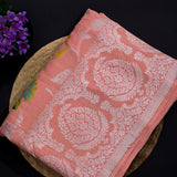 Peach Banarasi Silk Saree With Silver All-Over Floral Weave & Multicolour Lotus Motifs