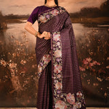 Deep Purple Checkered With Multicolor Floral Motif Border Designer Saree